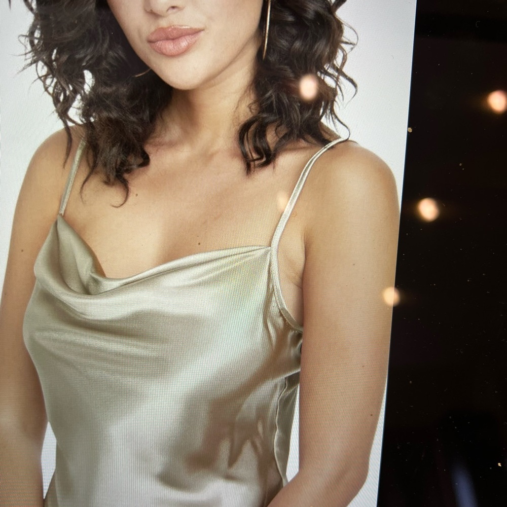 NWT Bebe satin slip dress, M, soft gold  “champagne” color, cowl neck, midi